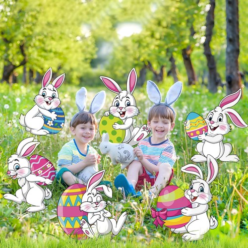 Easter Decorations Colorful Eggs Bunnies Rabbits Yard Signs Stakes Outdoor 6 Pcs - Picture 3 of 12