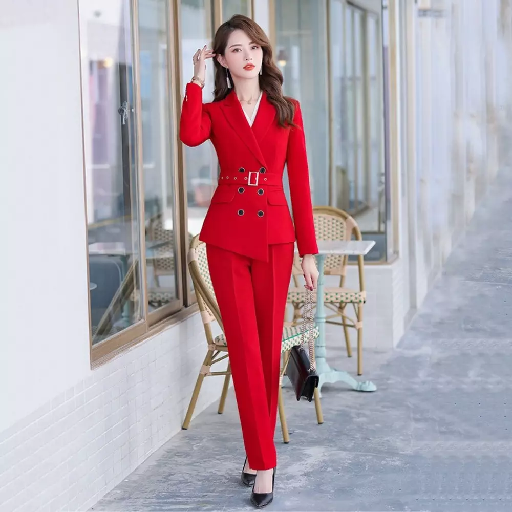 Women Formal Wear Belt Irregular Blazer Career Uniform Business Office 2Pcs  Set