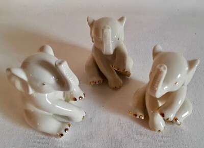 Three Lenox Baby Porcelain Sitting Trunks Up Collectible Elephants 24 Karat Gold