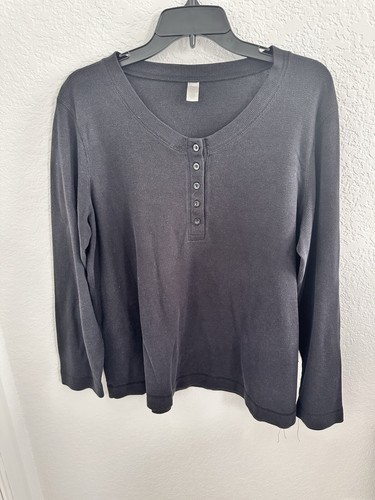 Adonna Übergröße 1X schwarz PJ Pyjama Oberteil Langarm Henley Knopf Waffelstrick - Bild 1 von 7