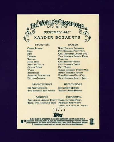 2020 Topps Allen & Ginter Chrome Orange Refractor 10/25 #78 Xander Bogaerts - Picture 2 of 2