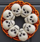 Halloween Plush Skull Wreath Crocheted Handmade Crochet Fiber Art 15"