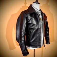 Mens Vintage Style Waxed Veg-Tanned Horsehide Tea-Core Leather Biker Jacket