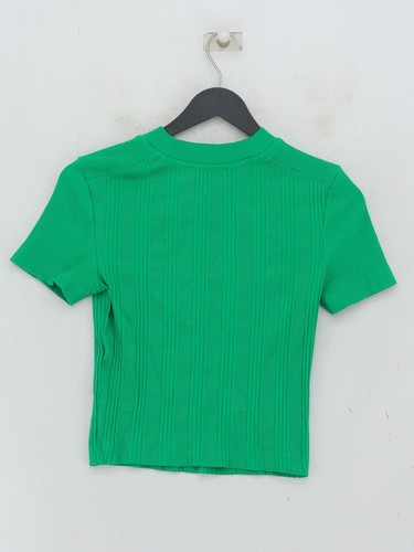 Zara Women's Top S Green Striped 100% Other Short Sleeve Crew Neck Cropped - Picture 2 of 5