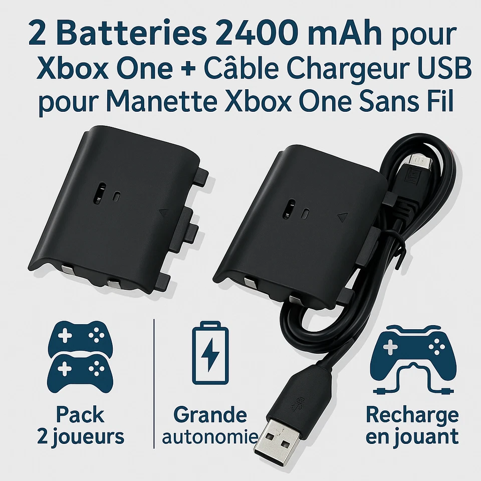 2 X Batterie 2400 mah + Câble chargeur USB pour Manette sans fil Xbox One  - Photo 2/4
