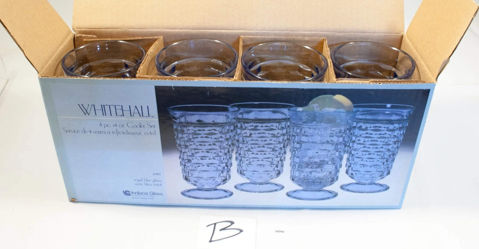 Vintage New Box Whitehall Indiana Glass 4Pc Regal Blue 14oz Cooler Set Glasses B
