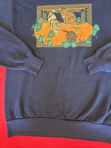 Vintage Gopher Sport Cat Pumpkin Fall Halloween Navy Sweatshirt Womens Sz Medium - Picture 5 of 17
