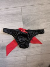 BNWT Vintage Ann Summers Black & Red Satin & Chiffon Bow Back Thong S Small 8-10