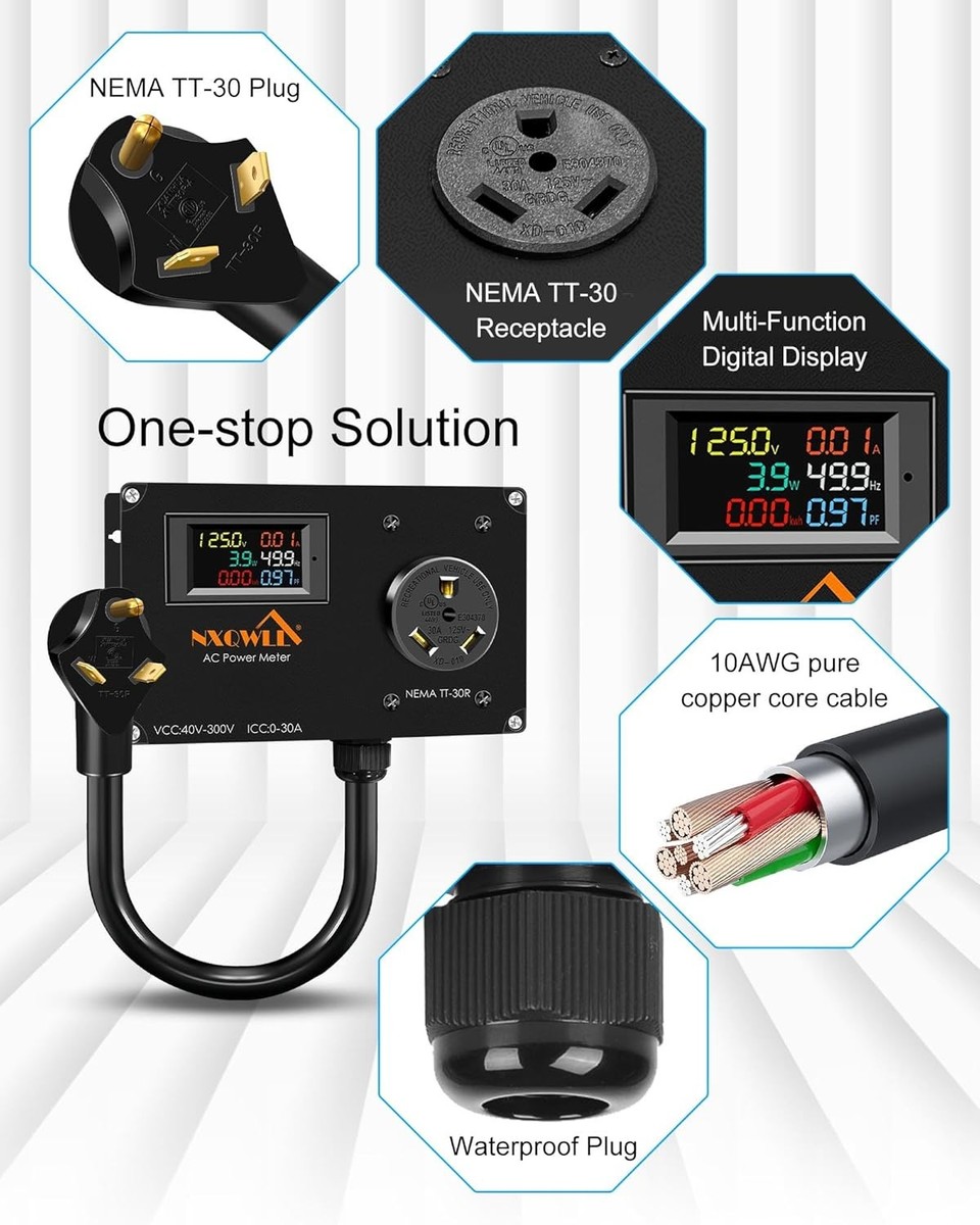 AC Power Meter – 20A 125V NEMA 5-15P To 5-20R, Digital Outlet Monitor With LCD Display, Measures Voltage, Current, Power, Frequency & Power Factor – Plug-and-Play Energy Monitor For RV, Generator, Home