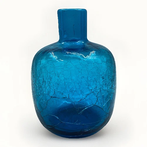Vintage Hand Blown Blenko 1960's  Blue Crackle Glass Bud Vase