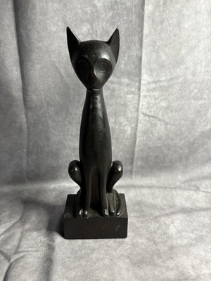 Vintage Hand-Carved Wooden Cat Statue Modernist Mid-Century Style Signed CACO6