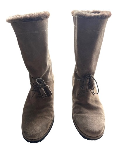Stuart Weitzman Sockette Boots Taupe Mid-Calf Suede Faux Fur Lining Tassel 8 - Picture 4 of 9