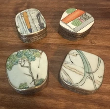 Antique Chinese Porcelain Pottery Shard Trinket Boxes, Silver Repousse- Set of 4