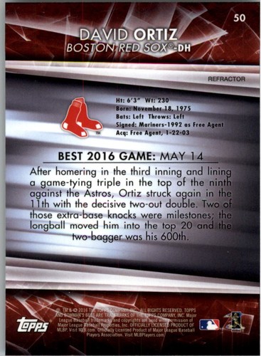 Bowman's Best Refractors #50 2016 David Ortiz - casi nuevo-como nuevo - Imagen 2 de 2