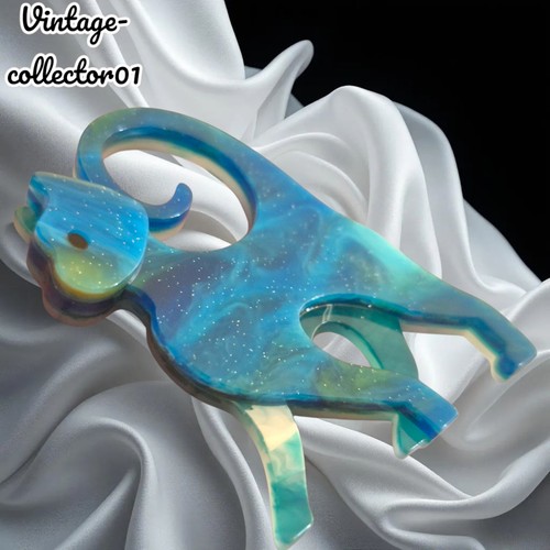 Modern Arcrylic Handmade BROOCH 3D Handsome Seagreen Blue Glitter Cat Kitten BN - Picture 4 of 6