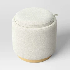 Round Upholstered Storage Ottoman Cream Boucle - Room Essentials