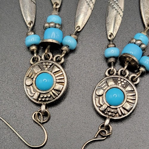 Blue Turquoise Dream Catcher Feather Earrings Silver Tone Boho Dangle Jewelry - Picture 21 of 24