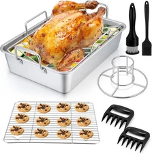 P&P CHEF Roasting Pan Set (8 PCS), 14 Inch Stainless Steel Silver, Black 