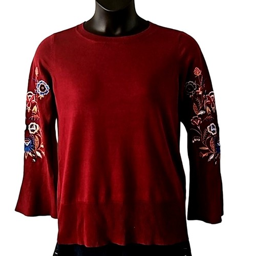 Belle by Kim Gravel Embroidered Floral Bell Sleeve Sweater Burgundy, Size 8 NWOT - Picture 2 of 8