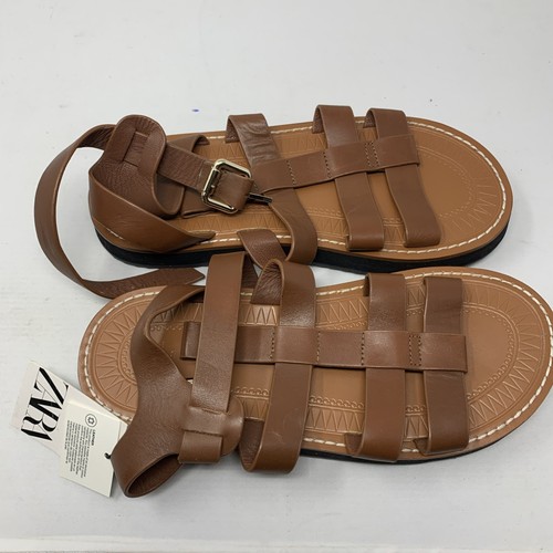 Sandalias Zara 1601 para mujer EE. UU. 8 cuero marrón correa al tobillo pescador tiras nuevas con etiquetas - Imagen 5 de 5