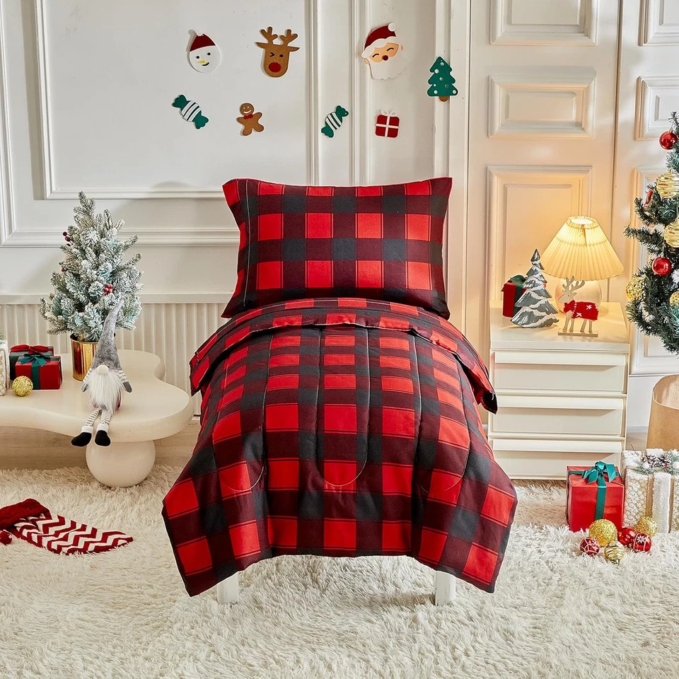 Juego de cama de Navidad para niños pequeños para niños niñas rojo negro a cuadros guinga vacaciones 4 piezas Foto 2 de 4