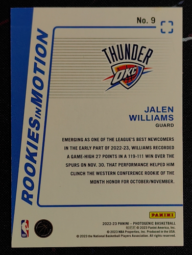 Jalen Williams 2022-23 Panini Photogenic 01/25 Mojo Rookies In Motion #9 - Picture 2 of 3