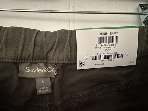 NWT Style & Co Macy's OLIVE Denim Skirt Straight Elastic Waist Pockets sz L $39 - Picture 4 of 4