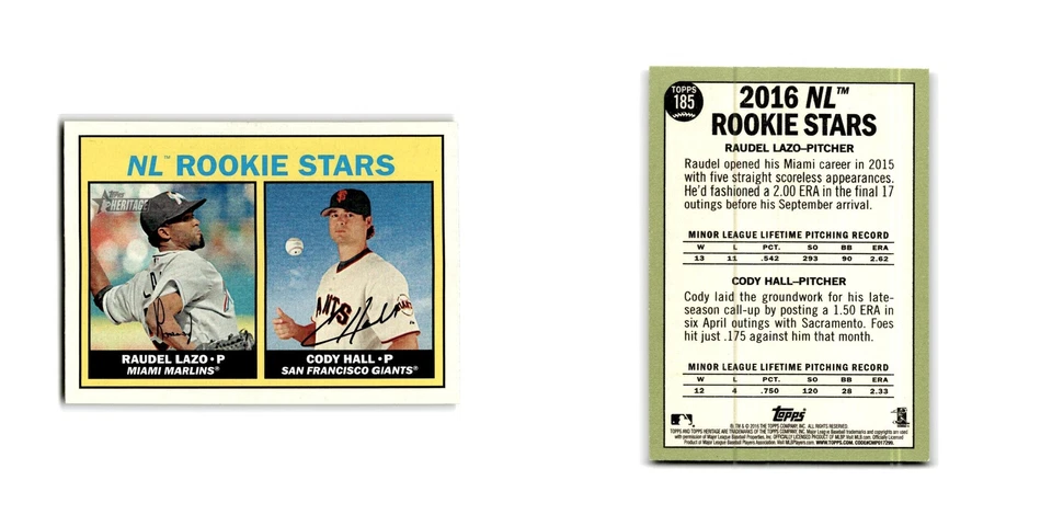 Cody Hall Raudel Lazo Rookie 2016 Topps Heritage #185 NM - Image 3 of 3