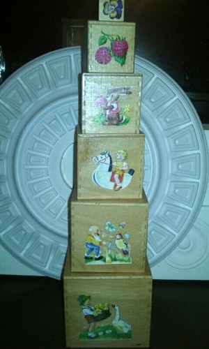 7 WOODEN ANTIQUE Nesting Stacking PICTURE Blocks Boxes Toys 7 WOODEN ANTIQUE Nesting Stacking PICTURE Blocks Boxes Toys