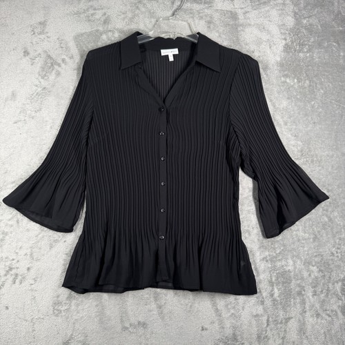 Fashion Bug Blouse Top Pleated Bell Sleeve Button Down Sheer Black Gothic 1X - Picture 2 of 10