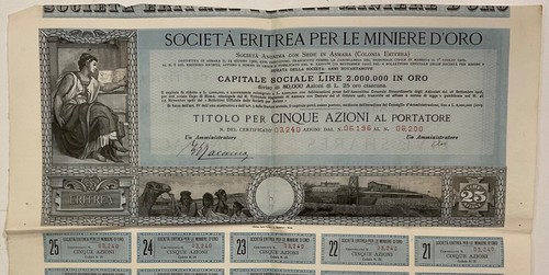 SOCIETÀ ERITREA PER LE MINIERE D'ORO ASMARA 1900 5 AZIONI SCRIPOFILIA - Picture 1 of 6