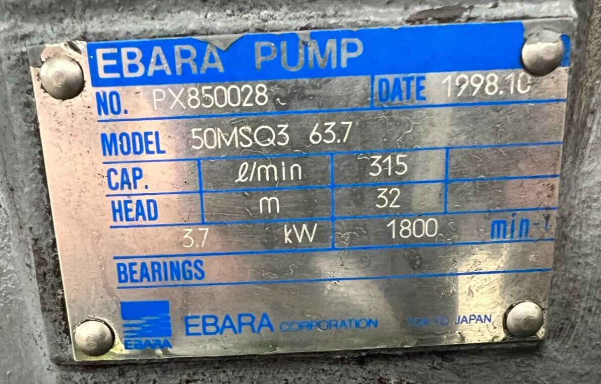 TOSHIBA JIS C 4210 3 PHASE INDUCTION MOTOR/EBARA PUMP 50MSQ3 TOSHIBA JIS C 4210 3 PHASE INDUCTION MOTOR/EBARA PUMP 50MSQ3