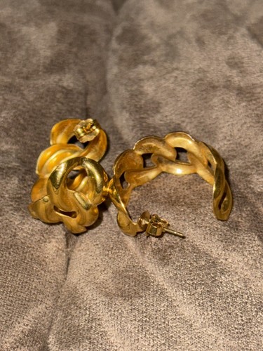 Gold Tone Cuban Style Chain Hoop Earrings B - Picture 3 of 3