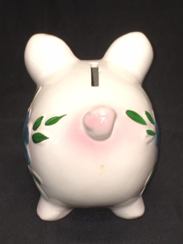 Ceramic Sweet Little Piggy Coin Bank White Pink Green Flowers W/Stopper 4” Tall - Picture 4 of 8
