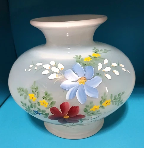 Fenton Glass Vase Hand Painted Debra Cutshaw Flowers Opalescent Signed Sticker