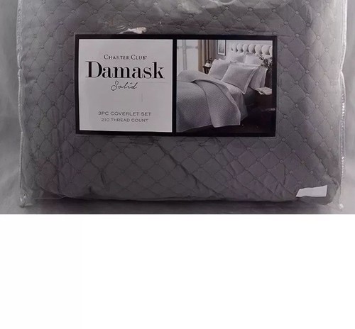 Charter Club Damask Quilted Solid KING Coverlet & Shams Set Stone Gray - Picture 2 of 4