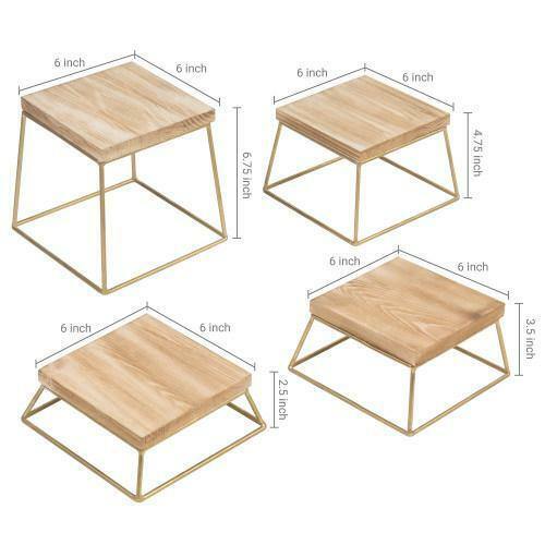 Elevadores/soportes de pizza cuadrados de madera quemada y metal dorado para exhibición de postres, conjunto de 4 - Imagen 7 de 7