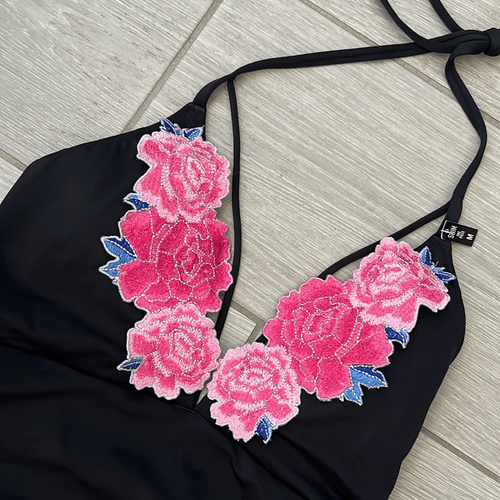 Victoria's Secret Pink Swimsuit M embroidered floral black NWT - Picture 3 of 7