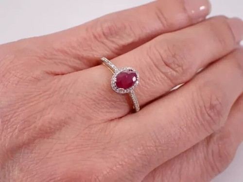 2Ct Oval Cut Lab Created Red Ruby Halo Wedding Ring 14K Yellow Gold Plated - Picture 9 of 17