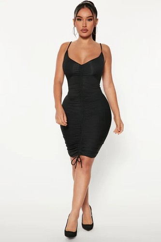 Moda Nova Espagueti Correa Fruncida Sexy Vestido ceñido al cuerpo Negro XS - Imagen 3 de 3