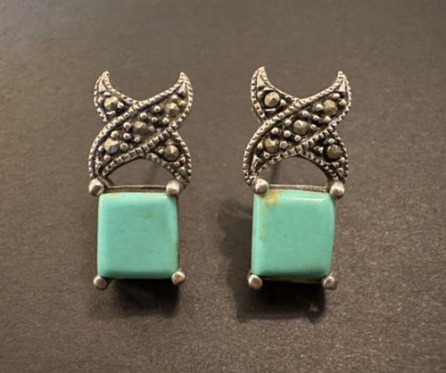 Sterling Ohrringe Türkis Markasit 925 x Pfosten eckig Halbedelstein elegant - Bild 2 von 15