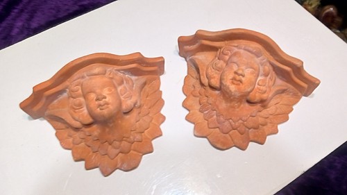 Rare Vintage Pair 12" Terracotta Cherub Wall Pocket Planters Shelf Plant Pots - Picture 9 of 13