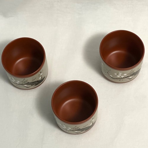 3 Japanische Terrakotta Braun Teetassen 5oz Handbemalt Kirschblüte 2,5" - Bild 2 von 20