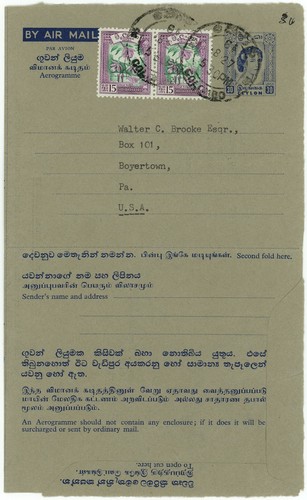 Ceylon to USA 1964 Aerogramme British Commonwealth Airmail Postage Used - Picture 2 of 3