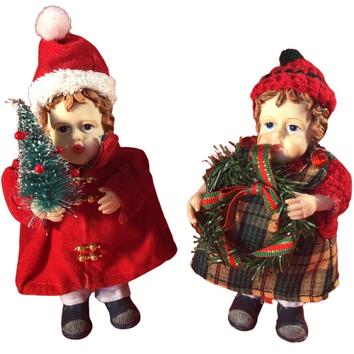 CHRISTMAS FIGURINE DOLLS TWIN GIRLS SET OF 2 VINTAGE CARRYING CHRISTMAS TREE - Picture 3 of 13