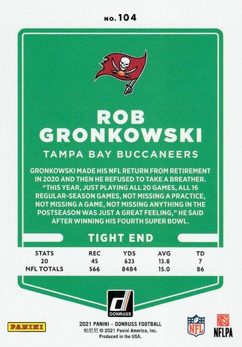 2021 Donruss Football Rob Gronkowski #104 Buccaneers - Picture 2 of 2