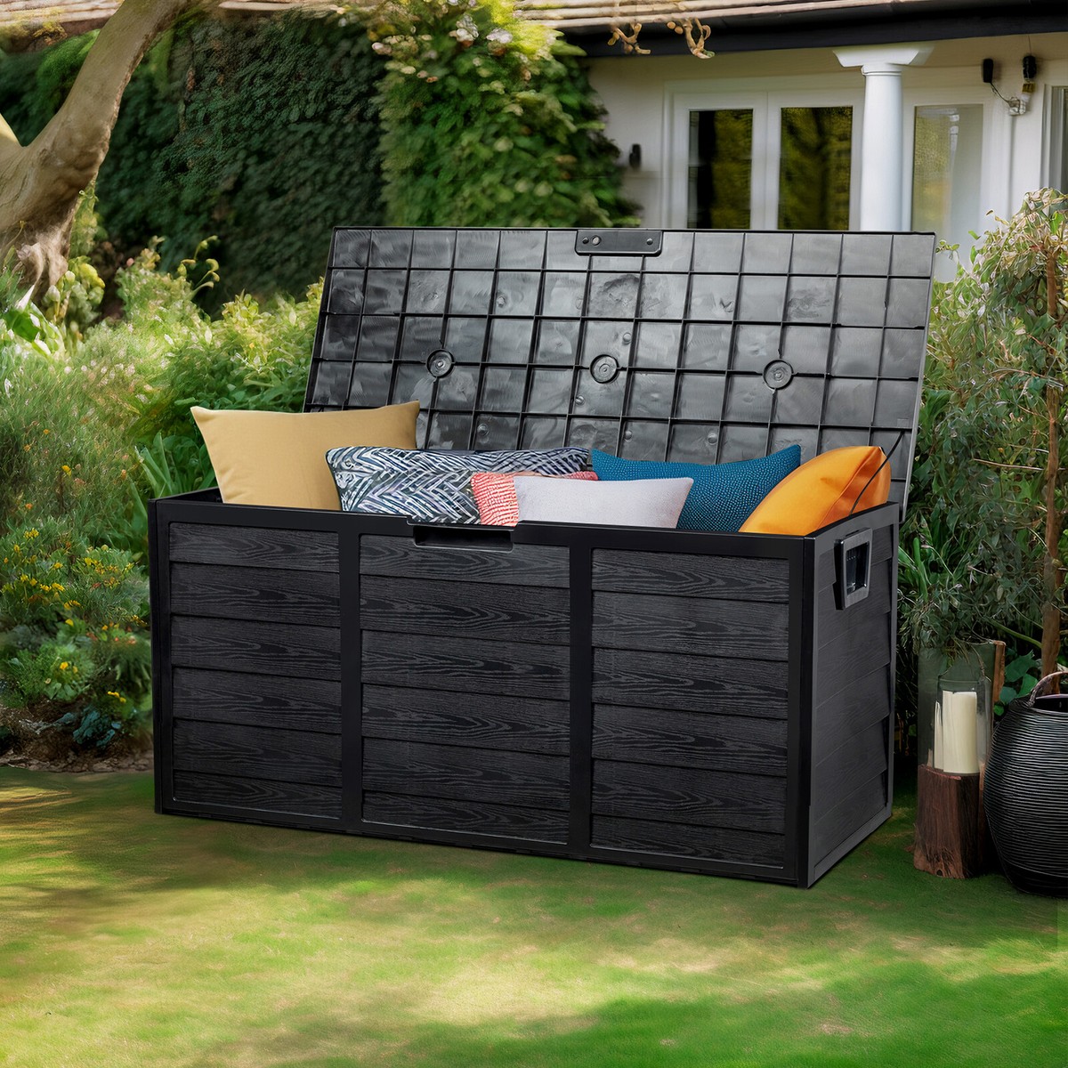 Black patio storage bench shop