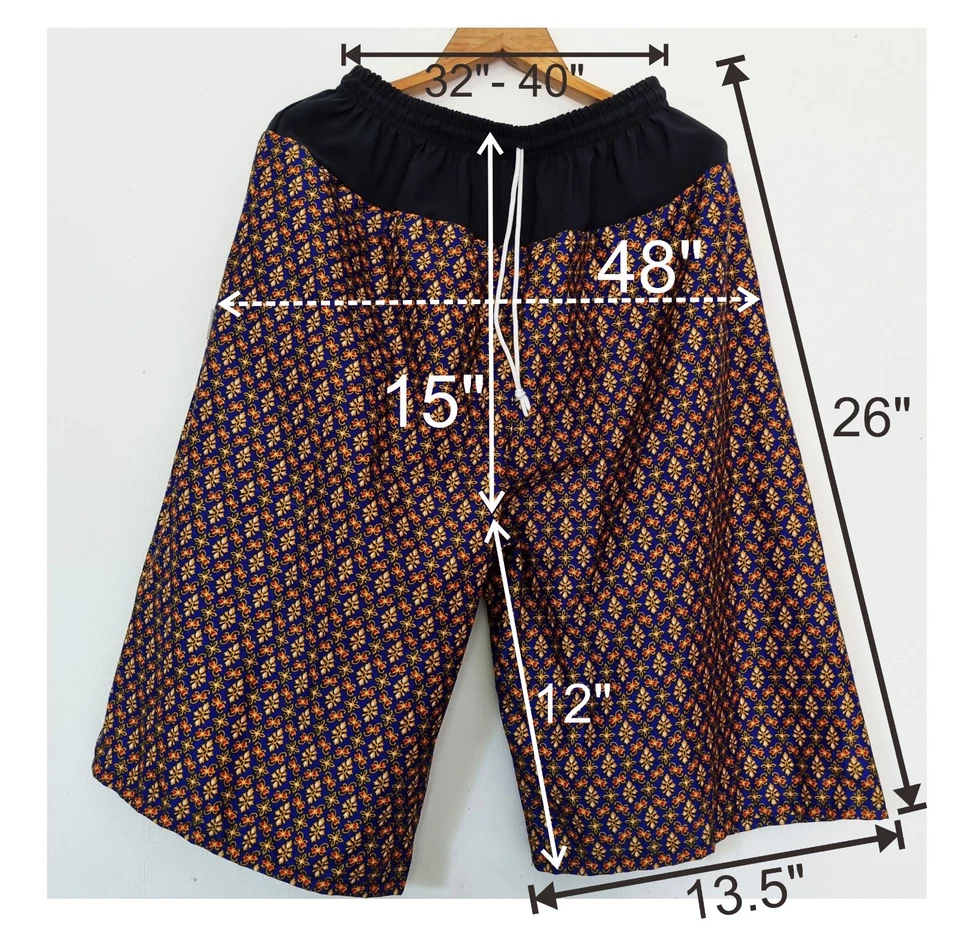 Pantalones Cortos Patrón Floral Y Hojas, Pantalón Algodón Patrón Tailandés Azul Dorado Cintura Elástica Foto 2 de 4