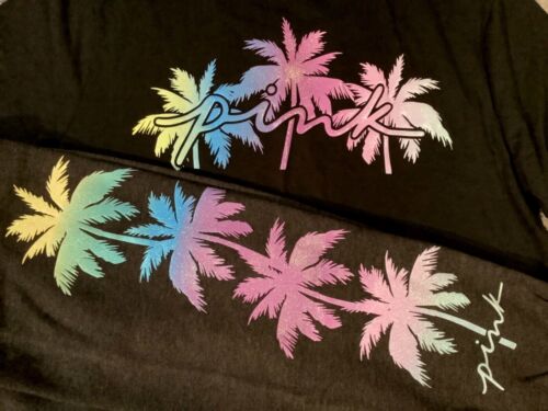 Victoria's Secret Pink Bling Tropical Palm Campus SS Tee Shirt + Pants Set L XL - Picture 2 of 11