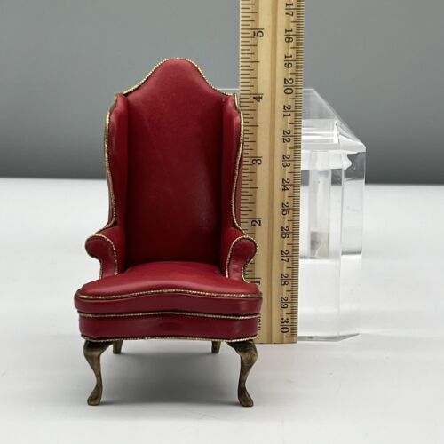 ARTISAN Yvonne Pessel RED LEATHER HI-BACK WINGBACK ARM CHAIR Miniature Dollhouse - Picture 12 of 17